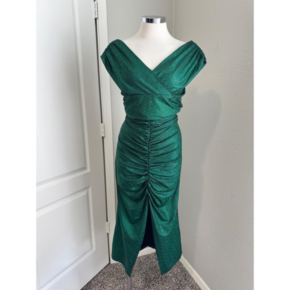 SHEILAY Emerald Green Midi Dress Ruched V Neck Party Cocktail Size‎ M - Picture 1 of 7